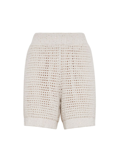 Brunello Cucinelli Women's Cotton Dazzling Net Knit Shorts In Oat