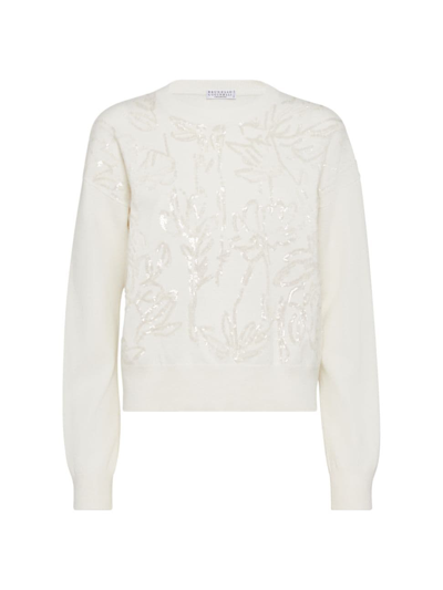Brunello Cucinelli Women's Virgin Wool Cashmere And Silk Sweater With Dazzling Flower Embroidery In Panama