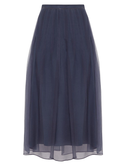Brunello Cucinelli Women's Crispy Silk Pleated Midi Skirt With Shiny Waistband In Blue