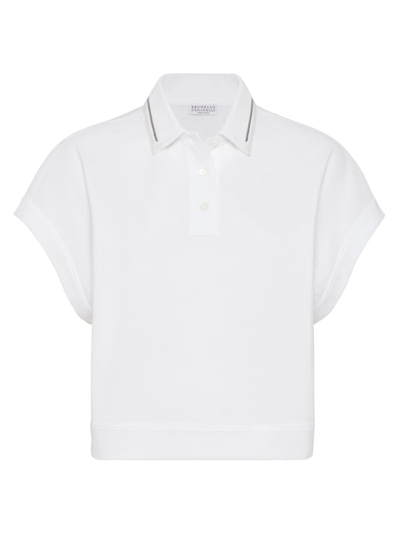 Brunello Cucinelli Women's Cotton Pique Polo Shirt With Shiny Collar Trim In Blanc