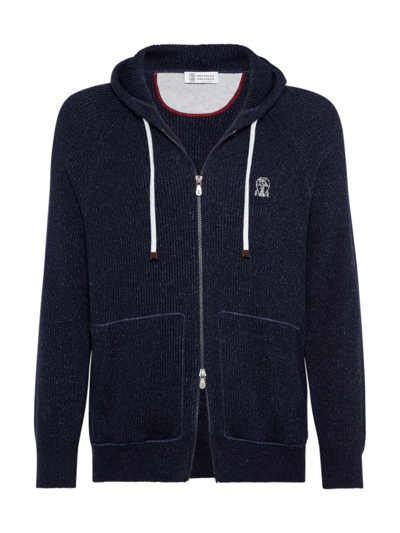 Brunello Cucinelli Men's English Rib Knit Hooded Sweatshirt With Zipper In Navy Blue