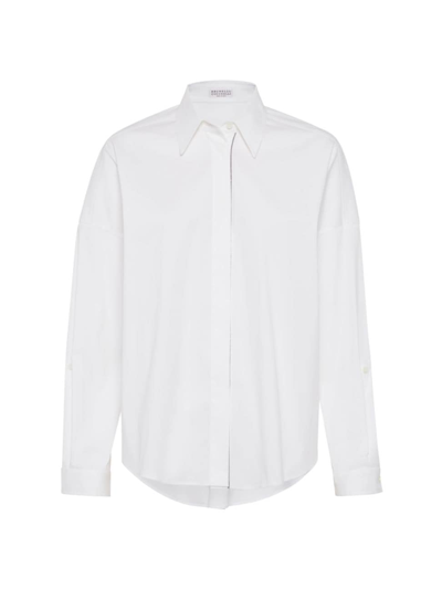 Brunello Cucinelli Women's Stretch Cotton Poplin Shirt With Shiny Trim In White