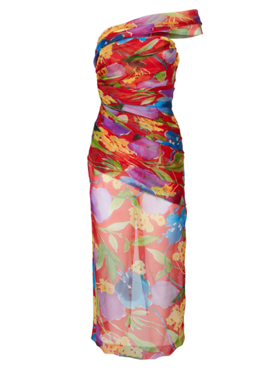 Carolina Herrera Floral One-shoulder Ruched Midi Dress With Shoulder Sash In Lacquer Red Multi