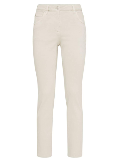 Brunello Cucinelli Women's Stretch Dyed Denim Slim Jeans With Shiny Leather Tab In Ivory