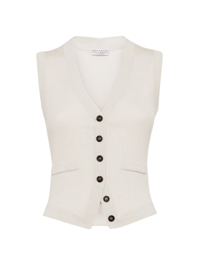 Brunello Cucinelli Women's Sparkling Cashmere And Silk Lightweight Rib Knit Vest Sweater In White