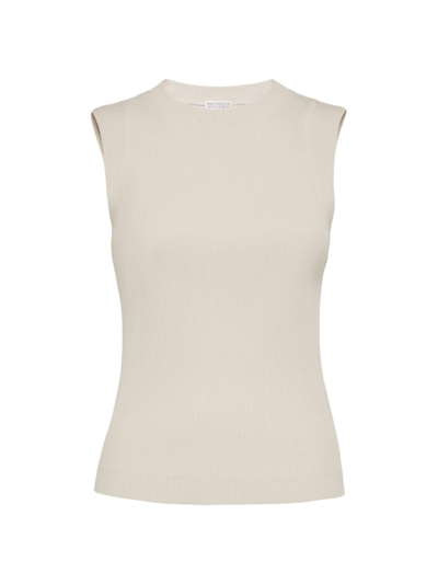 Brunello Cucinelli Women's Cotton Ribbed Jersey Top With Monili In Cool Beige