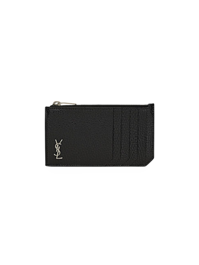 Saint Laurent Men's Tiny Cassandre Fragments Zipped Card Case In Black