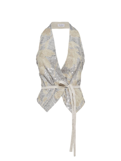 Brunello Cucinelli Women's Linen Halterneck Vest Top With Magnolia Embroidery In Natural