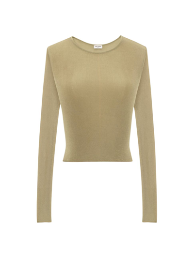 Saint Laurent Fine-knit Jersey Long-sleeve Cropped Top In Vert Amande