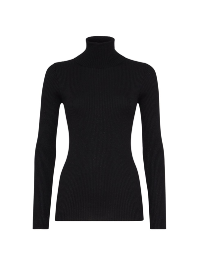 Brunello Cucinelli Women's Lightweight Turtleneck Sweater In Sparkling Cashmere And Silk Rib Knit In Noir