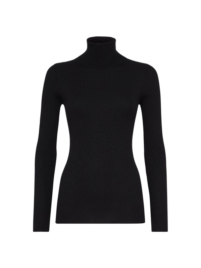 Brunello Cucinelli Women's Lightweight Turtleneck Jumper In Sparkling Cashmere And Silk Rib Knit In Noir