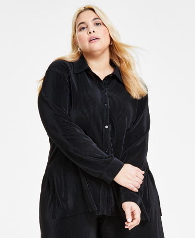 Bar Iii Solid-color Plisse Long-sleeve Button-down Shirt, Created For Macy's In Deep Black