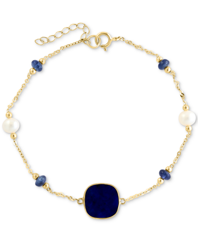 Effy Collection Effy Lapis Lazuli, Freshwater Pearl (4-1/2mm),& Sapphire (1/2 Ct. T.w.) Station Bracelet In 14k Gold