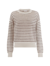 Brunello Cucinelli Streiped Cotton Round Neck Pull In Oat