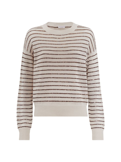 Brunello Cucinelli Streiped Cotton Round Neck Pull In Beige