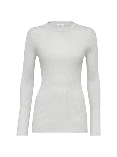 Brunello Cucinelli Women's Sparkling Cashmere And Silk Rib Knit Lightweight Jumper In Blanc