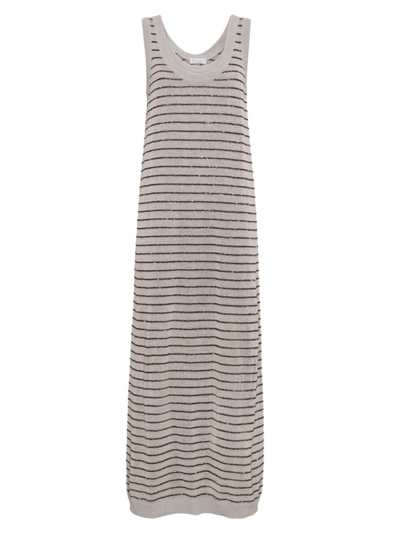 Brunello Cucinelli Women's Cotton Dazzling Stripes Knit Dress In Quarzo+marrone