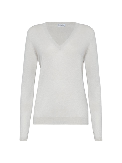 Brunello Cucinelli Women's Cashmere And Silk Sparkling Lightweight Sweater In Blanc