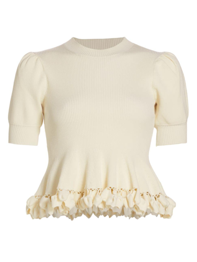 Ulla Johnson Esma Short-sleeve Embellished Peplum Sweater In Alabaster