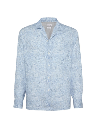 Brunello Cucinelli Men's Paisley Flower Linen Easy Fit Shirt With Camp Collar In Blue