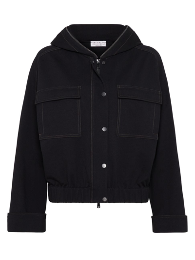 Brunello Cucinelli Lightweight Stretch Cotton Fleece Outerwear With Jewellery In Black