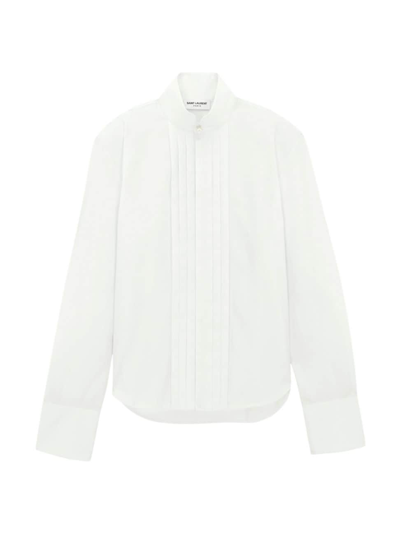 Saint Laurent Stand-collar Pleated Cotton-poplin Shirt In White