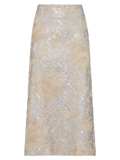 Brunello Cucinelli Linen Midi Skirt With Paillette Magnolia Embroidery In C020 Natural