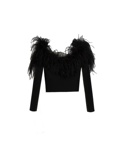 Gemy Maalouf Off-shoulders Feathered Top - Tops In Black