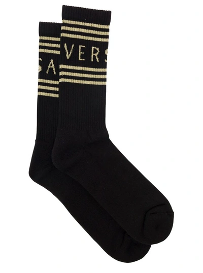 Versace Black Socks With Logo In Cotton