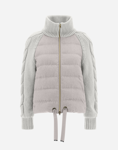 Herno Silk Cashmere And Knit Bomber Jacket In Grey Pearl
