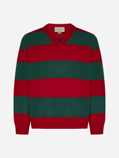 Gucci Striped Wool Blend V Neck Jumper In Red,green