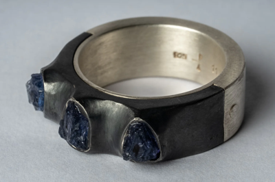 Parts Of Four Sistema Ring (terrestrial Surfaced, 3 Tanzanites, 9mm, Ma+ka+tan) In Matte Sterling Silver + Black Sterling
