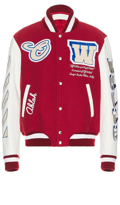Off-white On The Go Leather Sleeve Varsity Jacket In Red