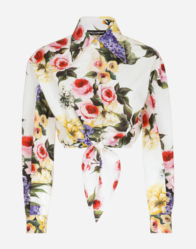 DOLCE & GABBANA COTTON PUSSY-BOW SHIRT WITH GARDEN PRINT