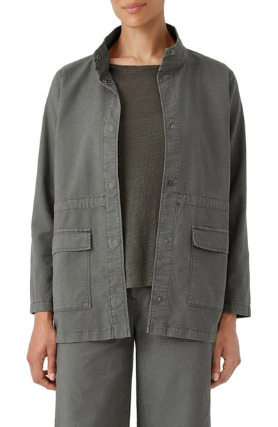 Eileen Fisher Stand Collar Organic Cotton Blend Jacket In Grove