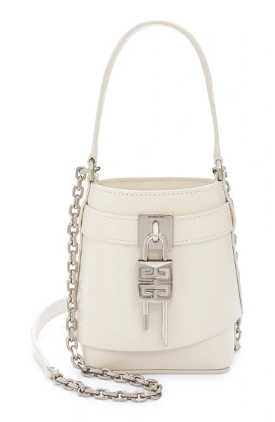 Givenchy Shark Lock Micro Bucket Bag In Box Leather In Ivory