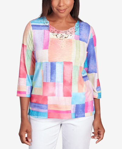 Alfred Dunner Petite Classic Bright Patchwork Lace Neck Top In Multi