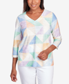 ALFRED DUNNER PETITE CLASSIC PASTELS TEXTURED GEOMETRIC V-NECK TOP