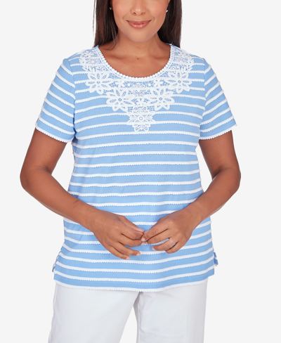 Alfred Dunner Petite Classic Neutrals Lace Neck Striped Split Hem T-shirt In Lake Blue