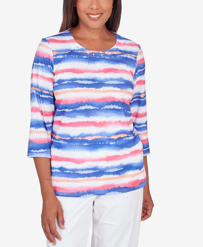 Alfred Dunner Petite Classic Brights Watercolor Stripe Pleated Neck Top In Multi
