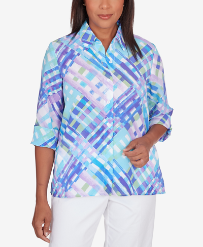 Alfred Dunner Petite Classic Brights Lattice Plaid Button Down Top In Turquoise