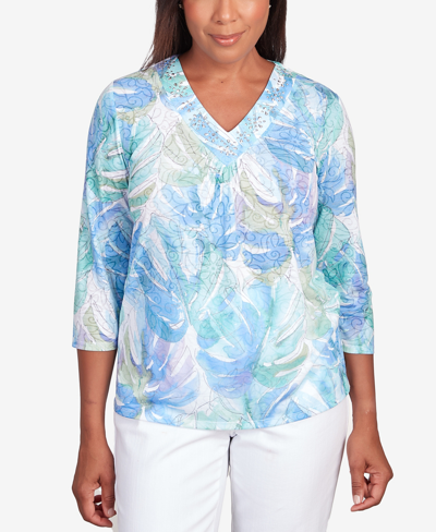 Alfred Dunner Petite Classic Pastels Leaves Bordered V-neck Top In Multi