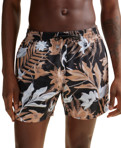 Hugo Boss Tropical-print Quick-drying Swim Shorts With Logo Badge In Beige