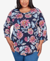ALFRED DUNNER PLUS SIZE CLASSIC PUFF PRINT CLASSIC FLORAL TOP WITH NECKLACE