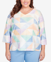 ALFRED DUNNER PLUS SIZE CLASSIC PASTELS TEXTURED GEO V-NECK TOP