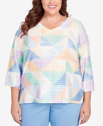 Alfred Dunner Plus Size Classic Pastels Textured Geo V-neck Top In Multi