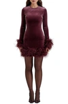 HOUSE OF CB HOUSE OF CB LAVINIA FEATHER TRIM LONG SLEEVE VELVET BODY-CON COCKTAIL MINIDRESS