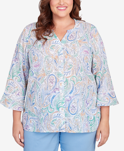 Alfred Dunner Plus Size Classic Pastels Paisley Flutter Sleeve Button Front Top In Multi