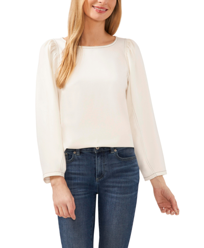 Cece Women's Long Sleeve Puff Sleeve Blouse With Topstitching In New Ivory