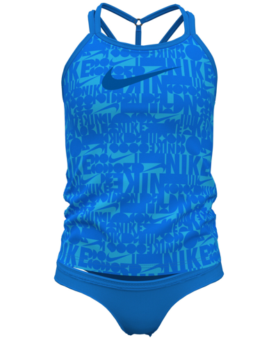 Nike Kids' Big Girls Retro Flow T-crossback Tankini Swimsuit, 2 Piece Set In Photo Blue